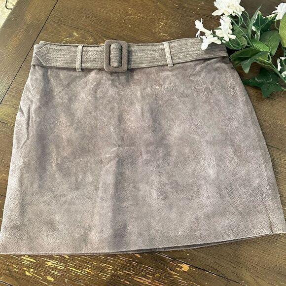 BLANK NYC Genuine Leather Belted Taupe Mini A-line Skirt Back Zip sz 30 New - Picture 1 of 10